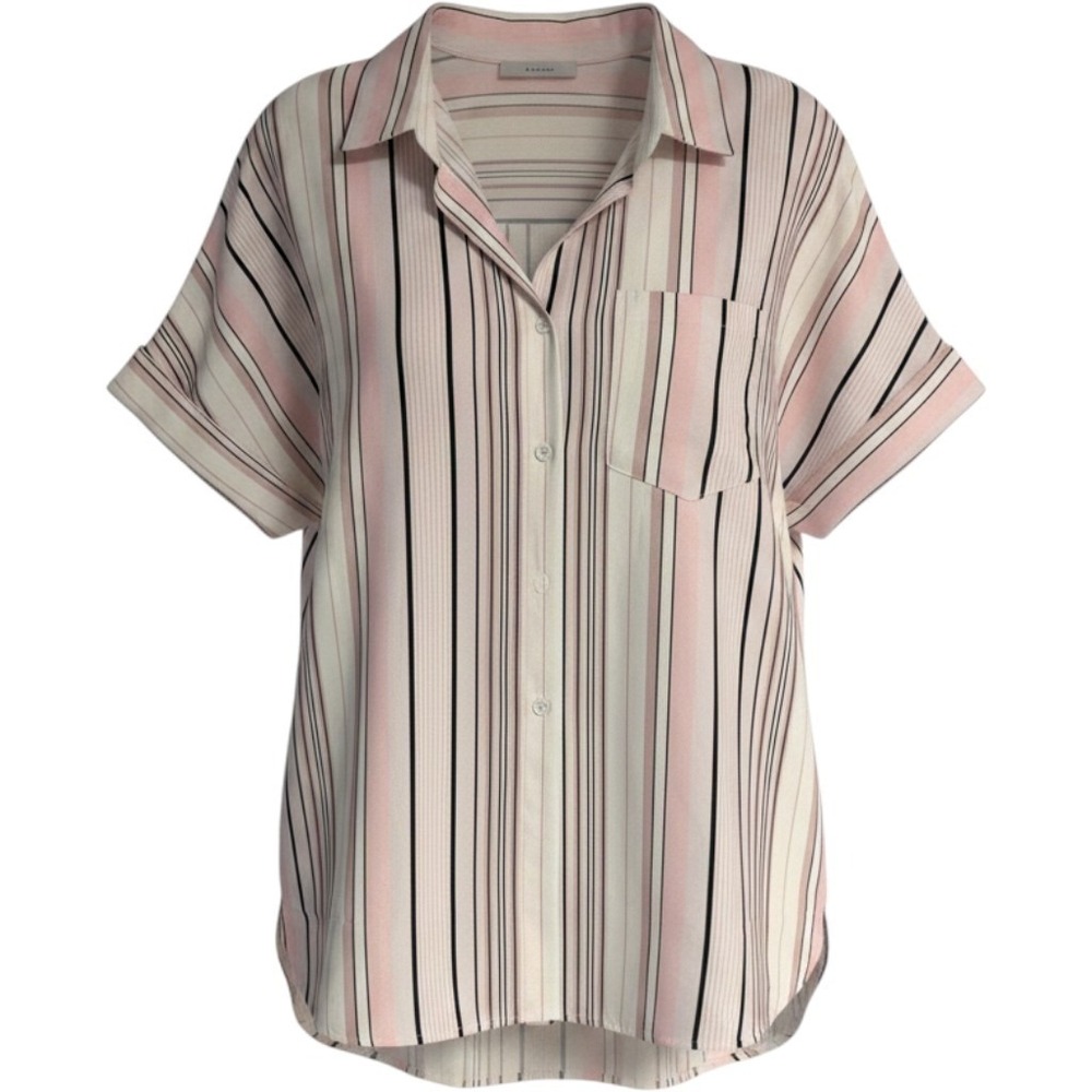 Womens Pink White Black Striped Short Sleeve Button Down Shirt Size Small